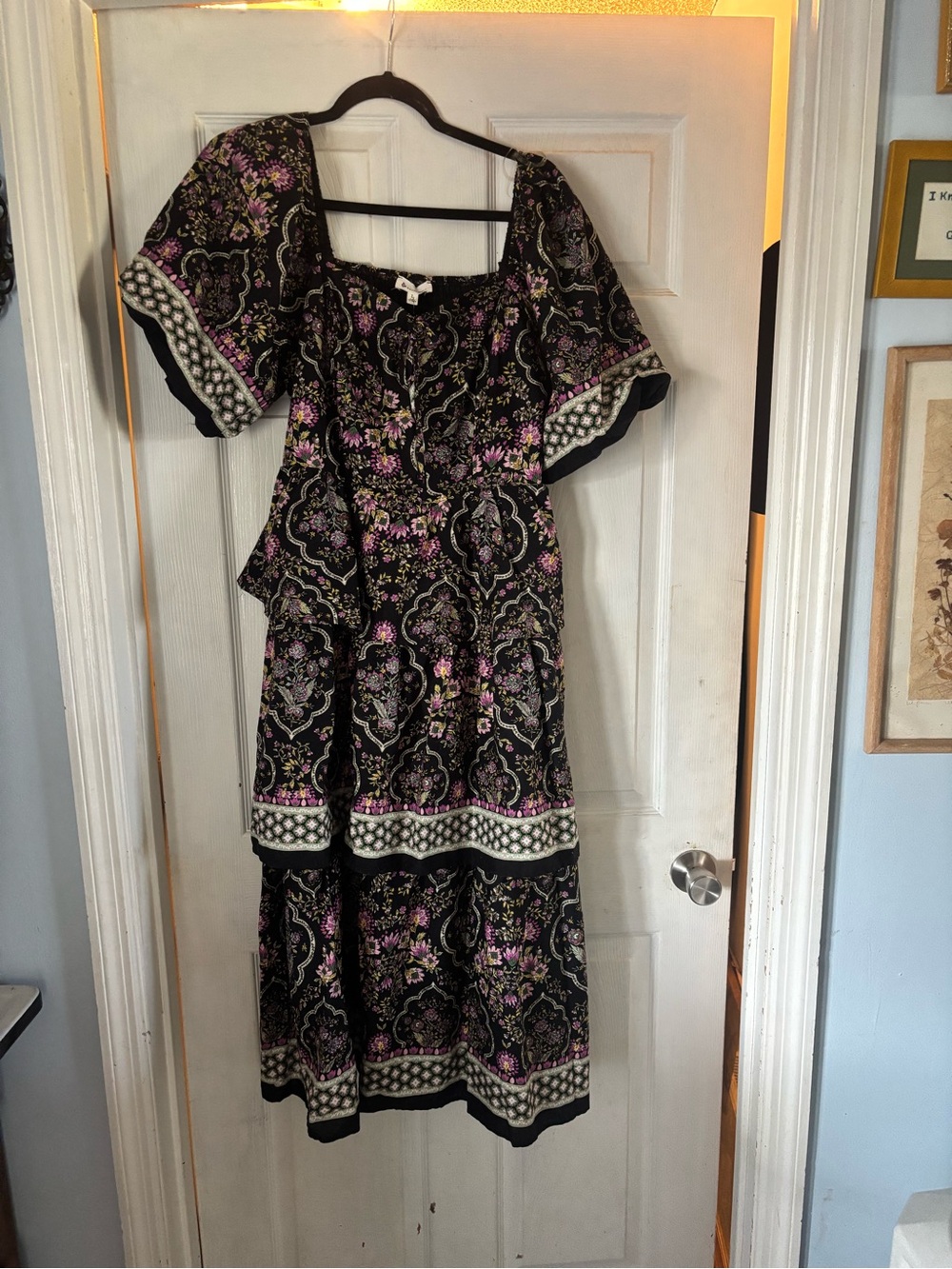 Black Floral Tiered Midi Dress with Pink Accents